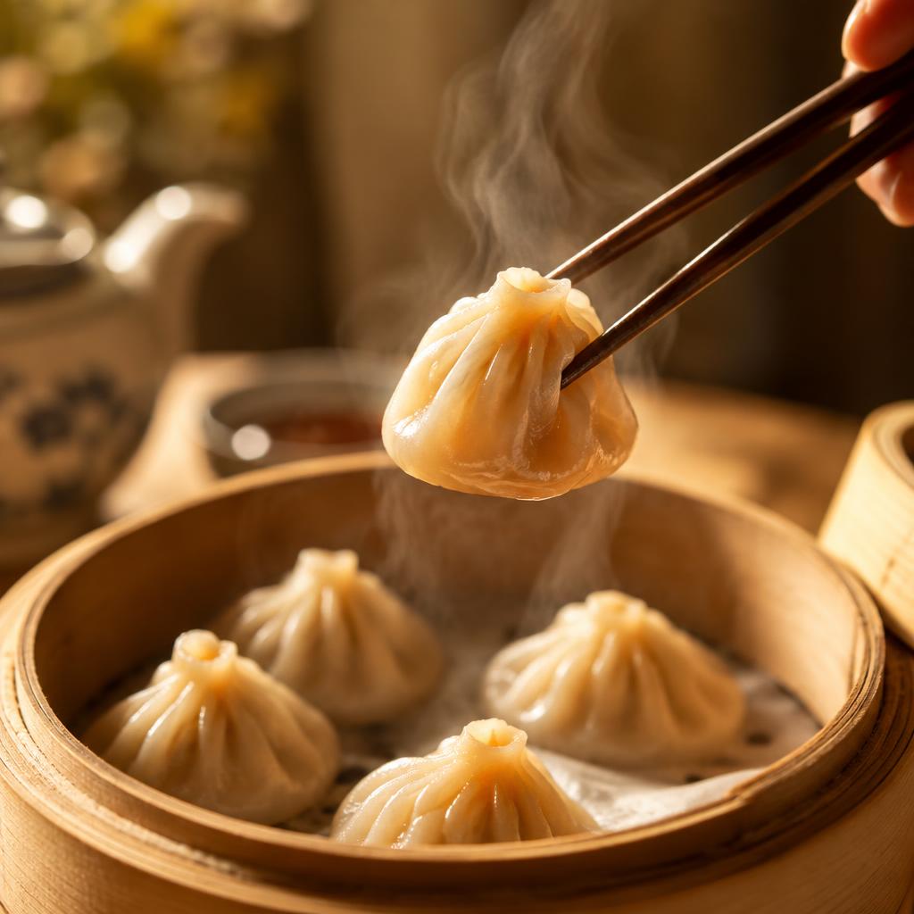 Seorang tangan mengangkat dimsum hangat dengan sumpit dari kukusan bambu